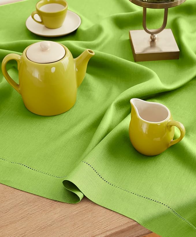 Solino Home Linen Square Tablecloth 52 x 52 Inch - 100% Pure Linen Lime Green Table Throw - Classic Hemstitch, Machine Washable Table Cloth