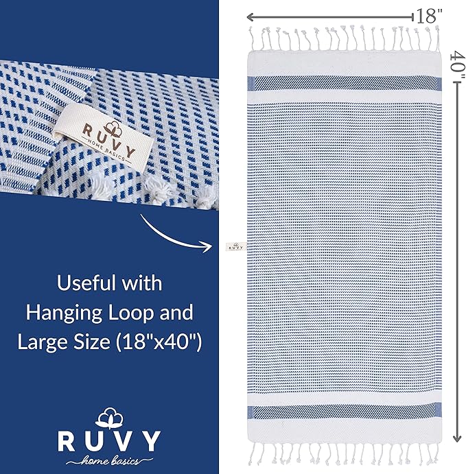 Ruvy Home Basics Turkish Hand Towels for Bathroom Set of 4 | 18"x40", Cotton | Decorative Towel for Bathroom, Kitchen, Dishcloth, Tea, Yoga, Face, Gym - Navy