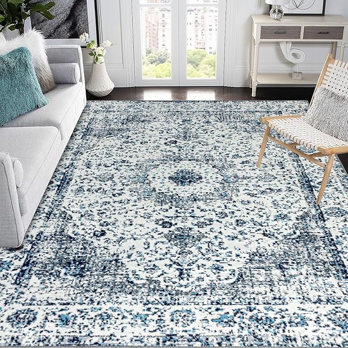 Easy-Going Area Rug 5x7 Washable Boho Rugs for Living Room Non-Slip Bedroom Rug Low Pile Lightweight Floral Print Vintage Throw Rug for Dining Room Kitchen Home Office Carpet, Blue Cream