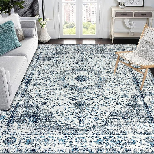 Easy-Going Area Rug 5x7 Washable Boho Rugs for Living Room Non-Slip Bedroom Rug Low Pile Lightweight Floral Print Vintage Throw Rug for Dining Room Kitchen Home Office Carpet, Blue Cream