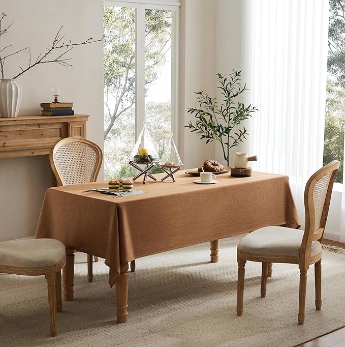 Linen Tablecloth for Square Table, 52x52 Inch Caramel, Farmhouse Style Brown Tablecloth, Water Resistant Burlap Tablecloths for Dining Table Farmhouse Kitchen