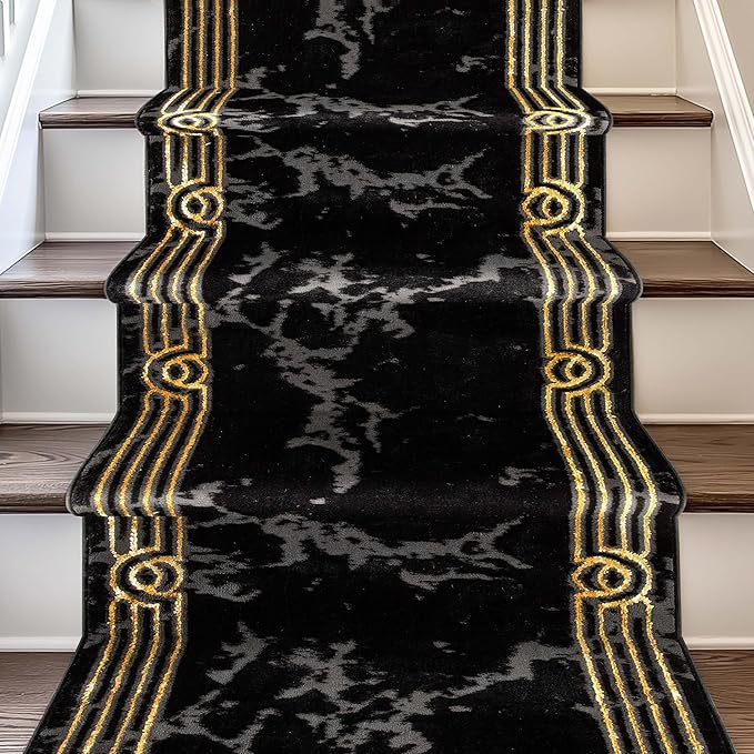 Well Woven Custom Size Hallway Stair Runner - Made-to-Measure - Fairmont Collection Lezlee Black Gold Abstract Marble Border 3x10 (2'7" x 10' Runner)