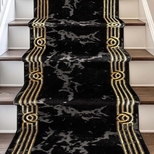 Well Woven Custom Size Hallway Stair Runner - Made-to-Measure - Fairmont Collection Lezlee Black Gold Abstract Marble Border 3x10 (2'7" x 10' Runner)