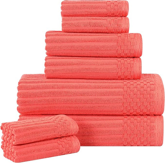 Cotton 8-Piece Solid and Ribbed Towel Set, Face Towels 13” x 13”, Hand Towels 16” x 28”, Bath Towels 27” x 54”, Coral by Superior
