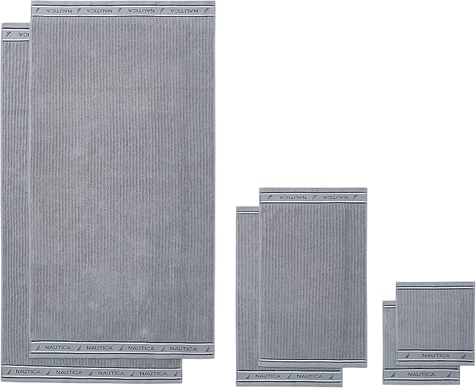Nautica - Bath Towels, 100% Soft & Absorbent Fluffy Cotton, Highly Absorbent & Quick Dry, Medium Weight Bathroom Towels (Signature Grey, 6 Piece)