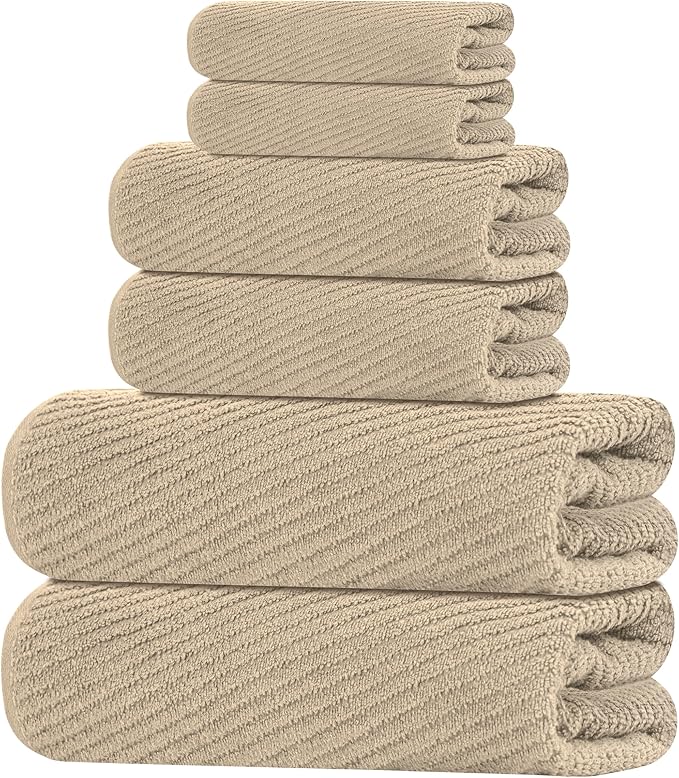 Tens Towels Pack of 6 Zero Twist Towels Set, 2 Bath, 2 Hand, 2 Waschloths, 100% Cotton, Light Weight, Extra Absorbent, Exceptional Softness, Perfect for Bathroom (Beige)