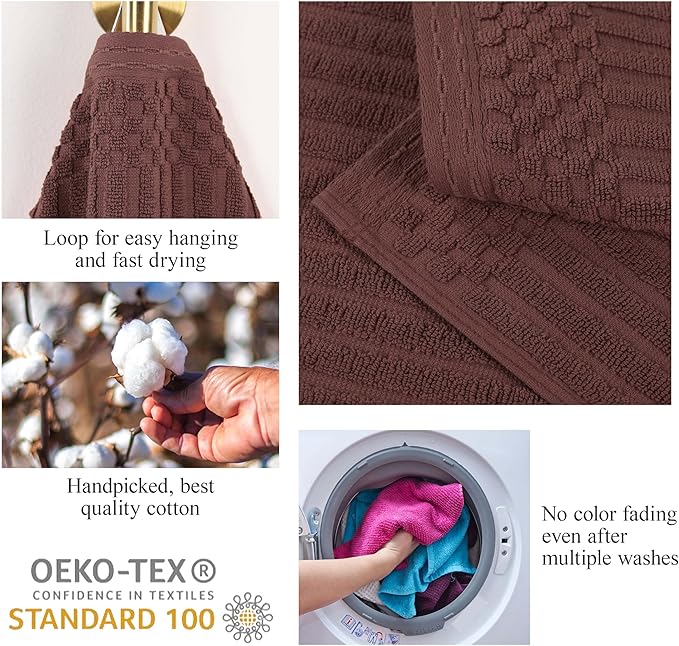 Cotton 8-Piece Solid and Ribbed Towel Set, Face Towels 13” x 13”, Hand Towels 16” x 28”, Bath Towels 27” x 54”, Java by Superior