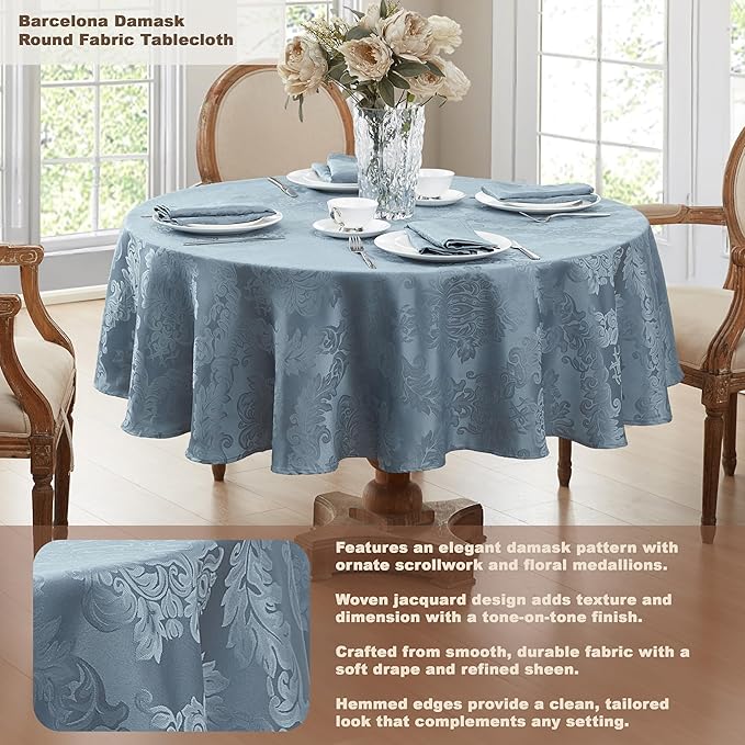 Newbridge Christmas Barcelona Damask Fabric Tablecloth, 90 Inch Round, Blue – No Iron, Soil Resistant Table Cover for Dining, Parties and Holidays