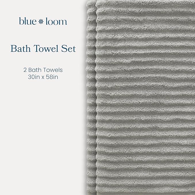 Blue Loom Ribbed Bath Towels Set, 100% Cotton 600 GSM, Soft Absorbent Durable Quick Drying 2 Bath Towels for Bathroom - Mason Set of 2 Stone Grey (58" x 30" Inch)