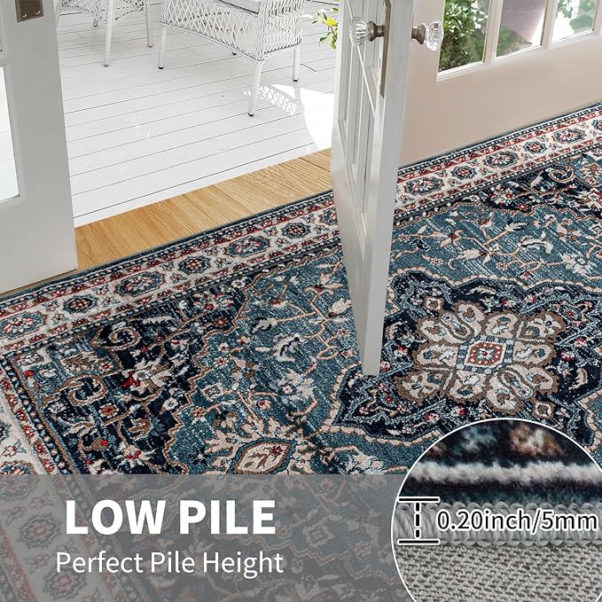 Easy-Going Area Rug 6x9 Medallion Distressed Washable Rugs for Living Room Non-Slip Bedroom Rug Low Pile Lightweight Vintage Retro Throw Rug for Dining Room Kitchen Home Office Carpet, Teal Brick