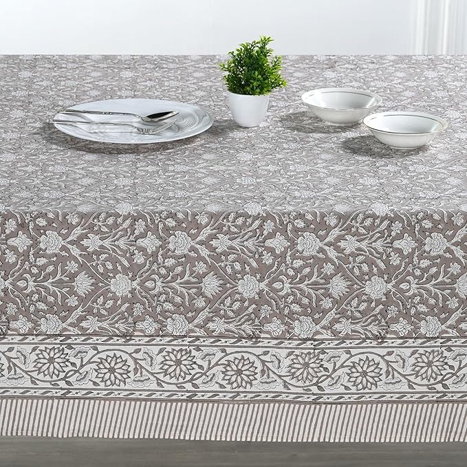 Ridhi Taupe Hand Block Print Cotton Rectangle Tablecloth 190" x 72" inches Reusable Table Cover Decorative Everyday Use for Dining, Farmhouse, Home, Party, Festive, Wedding, Fall
