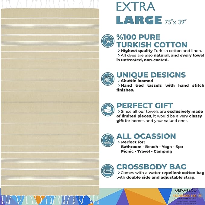 Madamelique Turkish Beach Towel with Beach Bag - 39 x 74 - Prewashed Beach Towels Oversized -%100Cotton - Quick Dry - Sand Free - Hand Loomed Turkish Bath Towels - Unique Absorbent Towel (Beige)