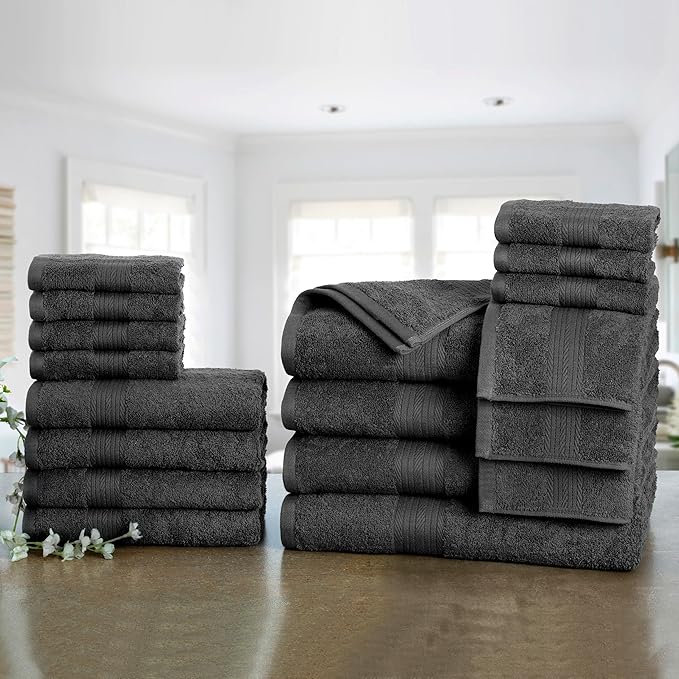 Ample Decor Bathroom Towel Set of 18-4 Hand Towel, 4 Bath Towel, 10 Wash Cloths - Oeko Tex Certified 600 GSM 100% Cotton - High Absorbency Quick Drying, Ideal for Gifting - Grey