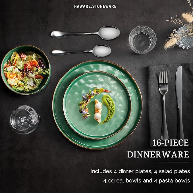 HaWare Dinnerware Sets, 16-Piece Plates and Bowls Set, Stoneware Dish Set for 4, Ceramic Dishware Set for Pasta Cereal, Chip and Scratch Resistant, Microwave and Dishwasher Safe, Reactive Green