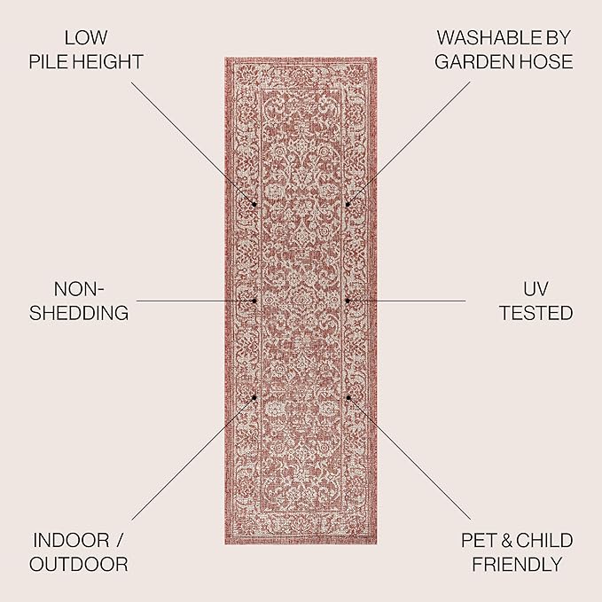 JONATHAN Y Weave Floral Indoor Outdoor Runner Rug 2X8 Red/Taupe, Tela Bohemian Textured for Backyard, Patio, Porch, Easy-Cleaning, High Traffic, Pet-Friendly, Non-Shedding (SMB100A-28)