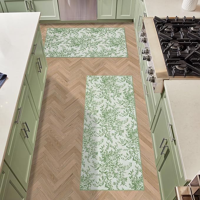 Laura Ashley Sage Ivory Bedford Floral Machine Washable & Slip Resistant 2 Piece Set - 26" x 45" Accent Rug & 26" x60" Runner Rug