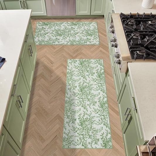 Laura Ashley Sage Ivory Bedford Floral Machine Washable & Slip Resistant 2 Piece Set - 26" x 45" Accent Rug & 26" x60" Runner Rug