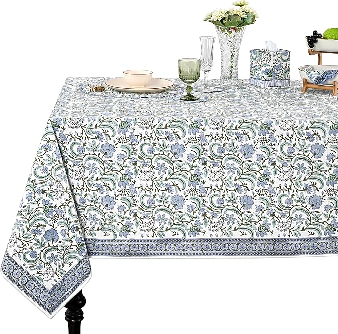 Ridhi Columbia Blue Hand Block Print Cotton Rectangle Tablecloth 140" x 72" inches Reusable Table Cover Decorative Everyday Use for Dining, Farmhouse, Home, Party, Festive, Wedding, Fall