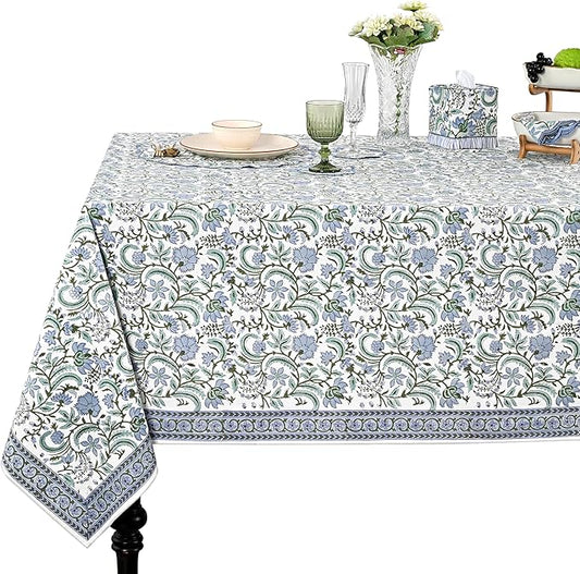 Ridhi Columbia Blue Hand Block Print Cotton Rectangle Tablecloth 140" x 72" inches Reusable Table Cover Decorative Everyday Use for Dining, Farmhouse, Home, Party, Festive, Wedding, Fall