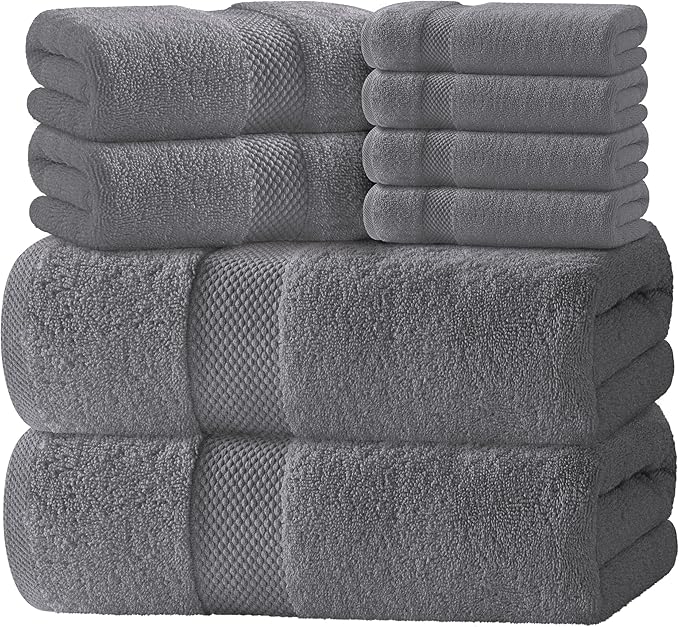 White Classic Luxury Bath Towel Set of 8 Pieces - 100% Turkish Cotton Highly Absorbent Towels for Bathroom, 2 Luxury Bath Towels 700GSM, 2 Hand Towels, 4 Washcloths, Dark Gray