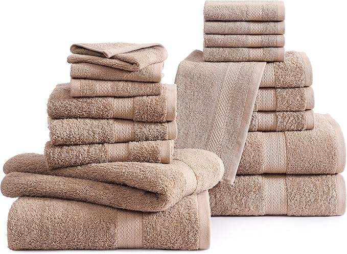 LANE LINEN 100% Cotton Bath Towel Set, 18PCs - 4 Shower Towels, 8 Washcloths, 6 Hand Towels for Bathroom - Sustainably Produced & Oeko-Tex Certified, Pet Friendly & Ultra Absorbent - Taupe