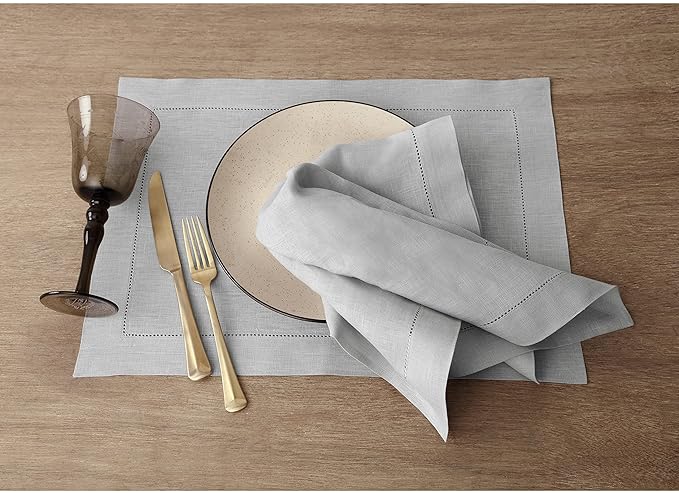 Solino Home Linen Cloth Placemats Set of 6-100% Pure Linen Hemstitch Soft Grey Placemats 14 x 19 Inch - Classic Hemstitch Table Place Mats for Winter, New Year