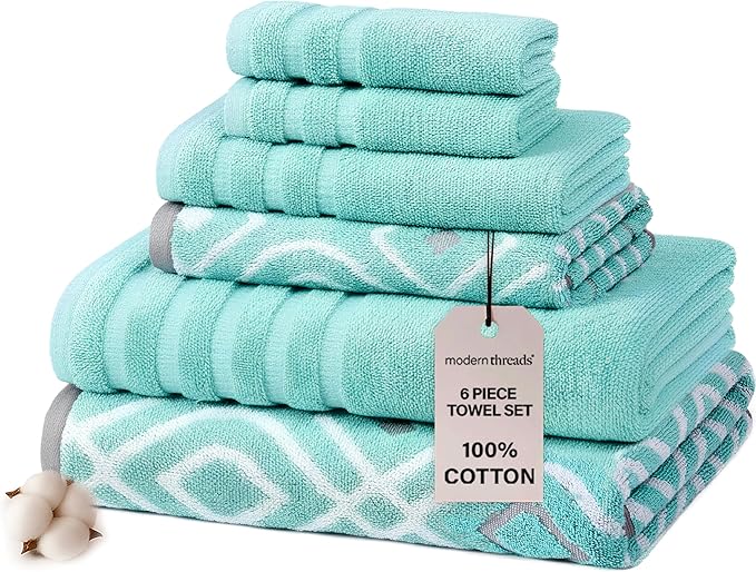 Modern Threads Oxford 6-Piece 100% Cotton Towel Set – Yarn Dyed Jacquard & Solid – Includes 2 Bath Towels, 2 Hand Towels, 2 Washcloths – Absorbent, Quick Dry, Soft & Durable – Aqua