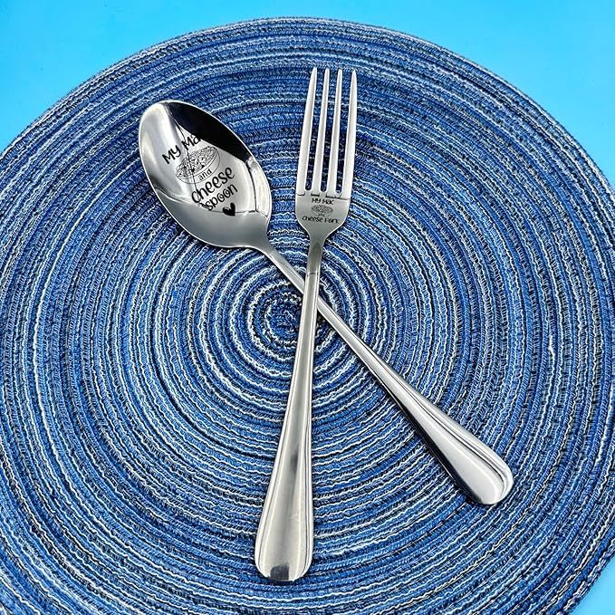 2 Pieces My Mac and Cheese Stainless Engraved Spoon Fork Set, Kitchen Restaurant Long Handle Dinner Spoons and forks for Friends,Women,Sister Birthday Cheese macaroni Lovers Christmas Gifts