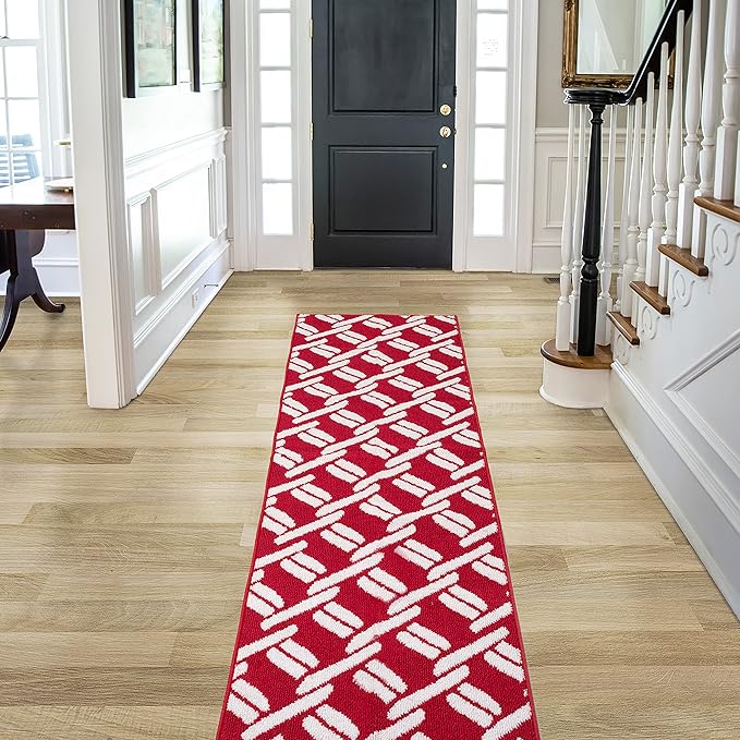 Nautica – Runner Rug | Indoor Runners for Hallways and Entry Rugs| Non-Slip and Non-Skid Entry and Kitchen Door Mat| Machine Washable Entryway Carpet Rugs | 26” x 96” | Chain Red