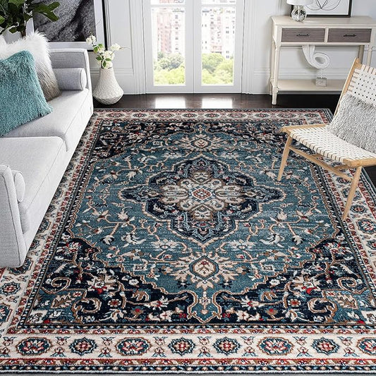 Easy-Going Area Rug 5x7 Medallion Distressed Washable Rugs for Living Room Non-Slip Bedroom Rug Low Pile Lightweight Vintage Retro Throw Rug for Dining Room Kitchen Home Office Carpet, Teal Brick