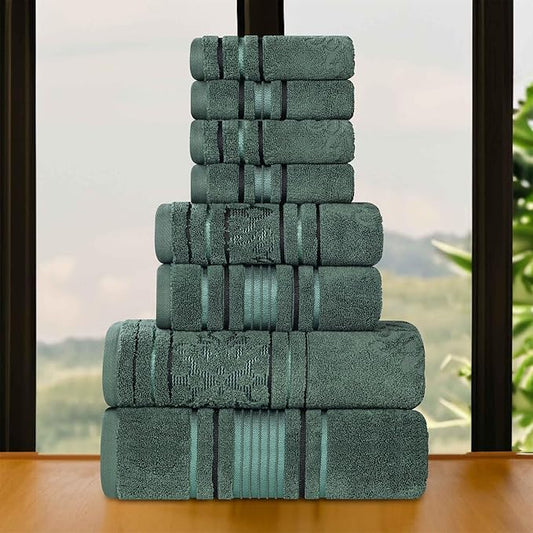 Superior Cotton 8 Piece Assorted Floral Towel Set, 2 Bath, 2 Hand, 4 Washcloth/Face Towels, Quick Dry, Home Essentials, Shower, Spa, Luxury Plush Soft Absorbent Towels, Zero Twist, Forest Green