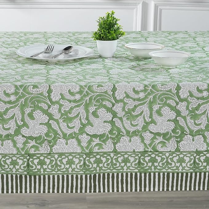 Ridhi - Hand Block Print Cotton Cloth Dinning Table Cover Wedding Farmhouse Thanks Giving Christmas Spring Tablecloth (Sage Green, 8 Seater 70x108 Inches)