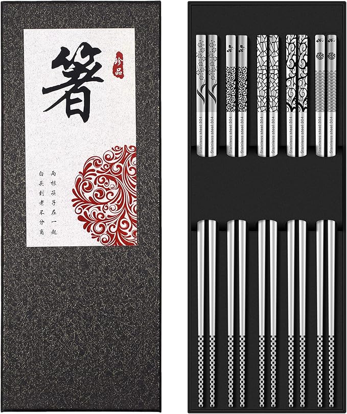 Metal Chopsticks Reusable 18/8 Stainless Steel Chopsticks Multipack Dishwasher Safe Chop Sticks Cute Laser Engraved Non-slip Japanese Korean Chopstick for Cooking Eating 9 1/4 Inches 5 Pairs Gift Set
