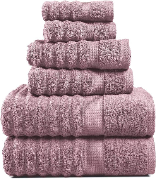 LANE LINEN 6-Piece Towel Set – 100% Cotton, Quick Dry, Zero Twist, Ribbed, Luxury Bath Towels, Includes 2 Bath Towels, 2 Hand Towels, 2 Washcloths, Premium Everyday Use - Wishful Mauve