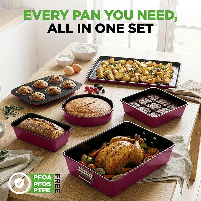 NutriChef 8-Piece Nonstick Stackable Bakeware Set - PFOA, PFOS, PTFE Free Baking Pan Set w/Non-Stick Coating, 450°F Oven Safe, Round Cake, Loaf, Muffin, Wide/Square Pans, Cookie Sheet (Plum)