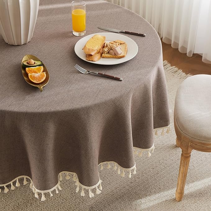 Linen Tablecloth with Tassels, Farmhouse Style Brown Tablecloth, Water Resistant Burlap Tablecloths for Round Table, 60 Inch Round Cocoa Brown