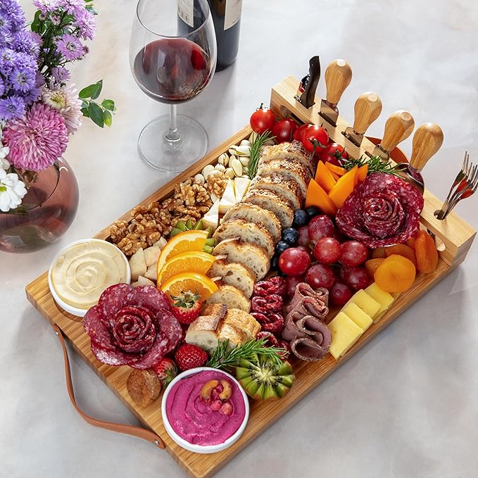 Bamboo Charcuterie Board Gift Set with Leather Handles, Knives, Wine Opener & Bowls – Elegant for Hosts, Couples & New Homeowners