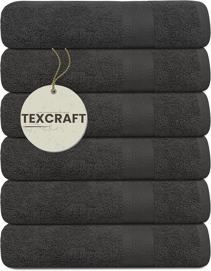 Large Bath Towels Set of 6 – 100% Cotton Terry – 24" x 50" – Quick Dry, Soft & Highly Absorbent – Grey Towels for Bathroom, Gym, Spa, Pool & Daily Use