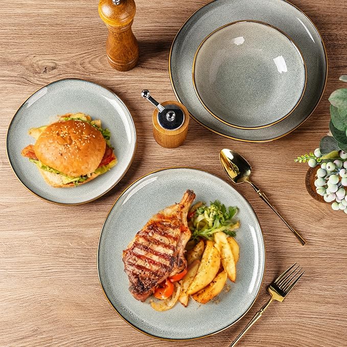 AmorArc Ceramic Dinnerware Sets,Handmade Reactive Glaze Stoneware Plates and Bowls Sets,Highly Chip and Crack Resistant | Dishwasher & Microwave Safe Dishes Set,Service for 4 (12pc)