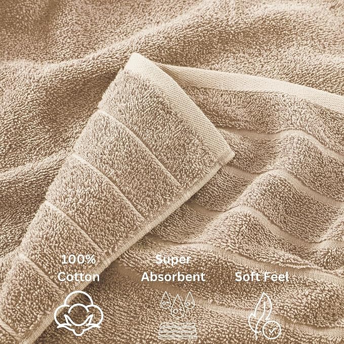 Casa Platino 100% Mercerized Cotton Bathroom Towel Set - 18 Pcs - Ring Spun, Super Soft & Highly Absorbent - 6 Large Bath Towels, 6 Washcloths, 6 Hand Towels - Wide Variety of Colours - Beige