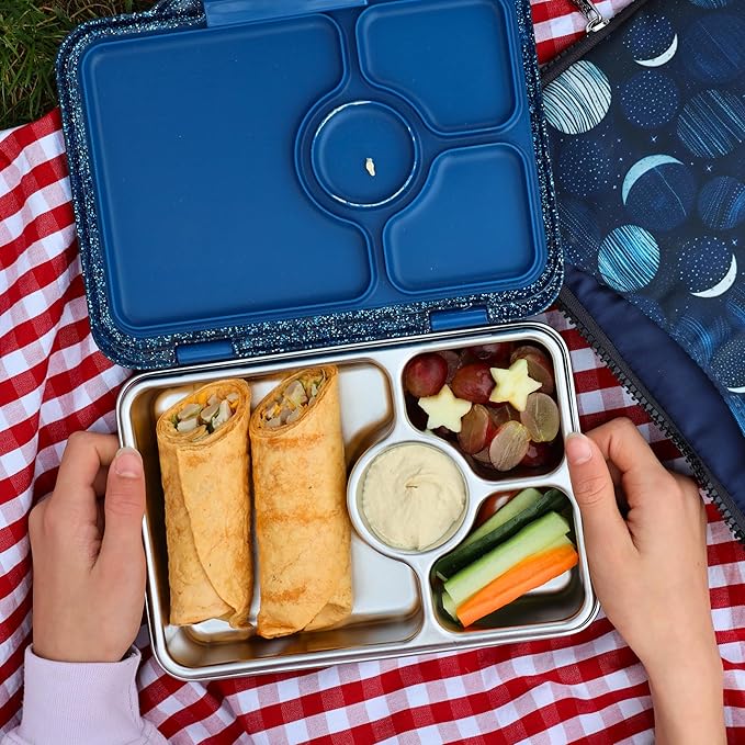 Yumbox Prêt Stainless Steel Bento Box – Leakproof Reusable Lunch Container with Compartments for Kids & Adults – Sandwich-Friendly, BPA-Free, Eco-Conscious Lunch Box (Glitter Blue)