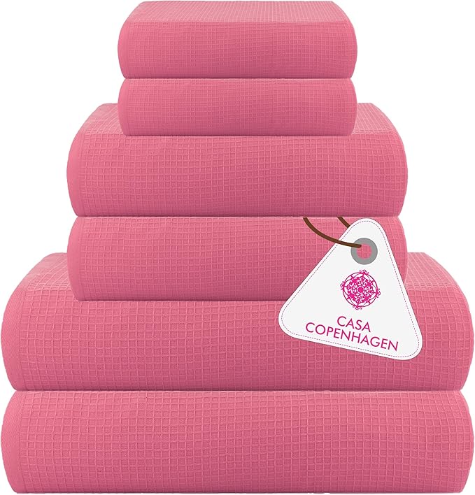 CASA COPENHAGEN Waffle Towel, 6Pieces 100% Cotton Large Towel Set- Pink, 2Bath 2Hand 2Washcloths Instant Absorb and Dry, Soft Strong Towels for Hotel Spa Kitchen Bathroom & Shower