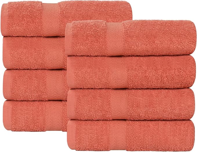 Superior 8-Piece Cotton Hand Towel Set, Small Towels for Fast Dry, Home Essentials, Bathroom Decor, Face, Body, Spa, Resort, Gym, Lightweight, Soft, House Accessories, Franklin Collection, Coral