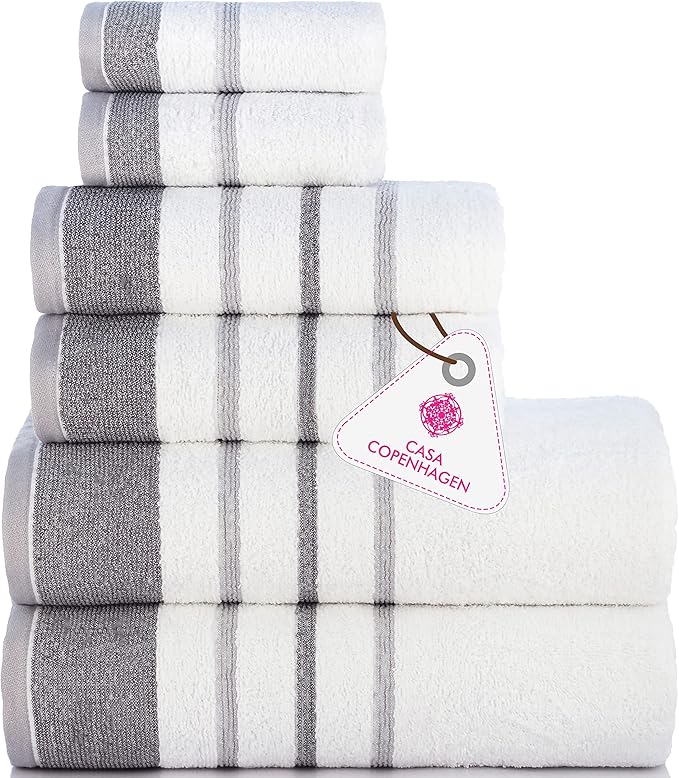 CASA COPENHAGEN White Bay, 6 Pieces Towel Set- White with Dark Grey and Grey Violet Border, 600 GSM, 2Bath, 2Hand, 2Washcloths Egyptian Cotton Towel for Hotel Spa Kitchen Bathroom Kitchen & Shower
