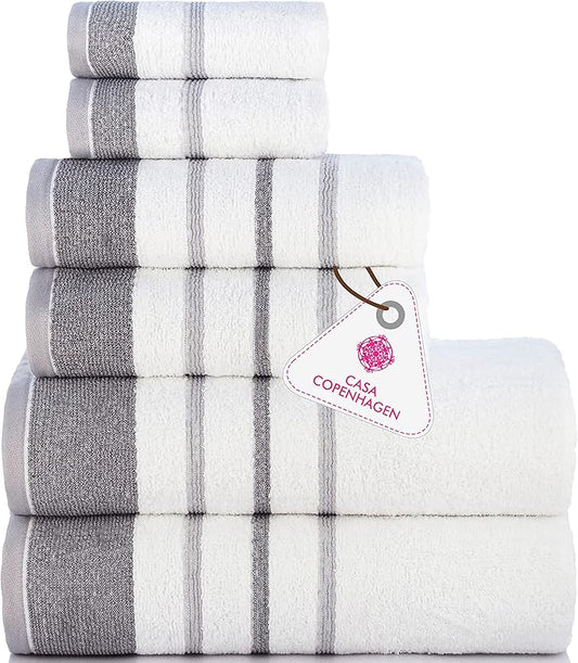 CASA COPENHAGEN White Bay, 6 Pieces Towel Set- White with Dark Grey and Grey Violet Border, 600 GSM, 2Bath, 2Hand, 2Washcloths Egyptian Cotton Towel for Hotel Spa Kitchen Bathroom Kitchen & Shower
