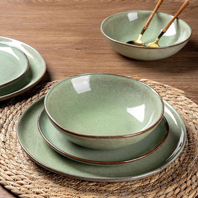 AmorArc Ceramic Dinnerware Sets,Handmade Reactive Glaze Stoneware Plates and Bowls Set,Highly Chip and Crack Resistant | Dishwasher & Microwave Safe Dishes Set,Service for 4 (12pc)