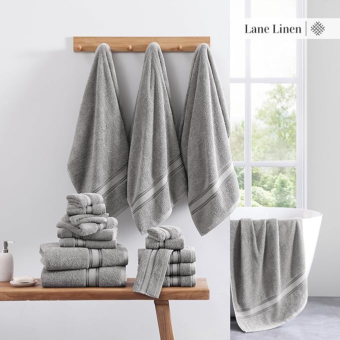 LANE LINEN Bath Towel Set of 12 – Premium 100% Cotton Mercerized, 4 Bath, 4 Hand & 4 Washcloth, Zero Twist Hotel Collection Towels Soft, Gentle on Body, Absorbent & Ideal for Everyday Use – Grey