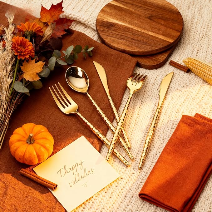 U-QE 180 PCS Gold Plastic Forks - 7.7 Inch Hammered Heavy Duty Plastic Forks - Elegant Gold Plastic Silverware - Perfect for Parties & Weddings and Other Daily Events