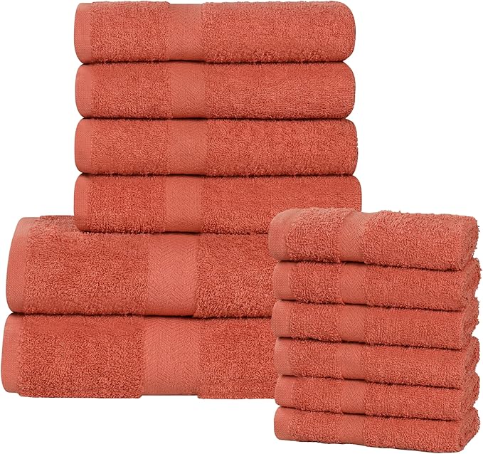 Superior 12-Piece Cotton Assorted Towel Set, Includes 6 Face/Washcloths, 4 Hand, and 2 Bath Towels, Lightweight Essentials, for Home, Gym, Beach, Bathroom, Quick Drying, Franklin Collection, Coral