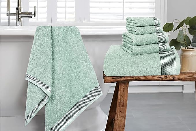 Belizzi Home 100% Cotton Ultra Soft 6 Pack Towel Set, Contains 2 Bath Towels 28x55 inchs, 2 Hand Towels 16x24 inchs & 2 Washcloths 12x12 inchs, Compact Lightweight & Highly Absorbant - Sea Green